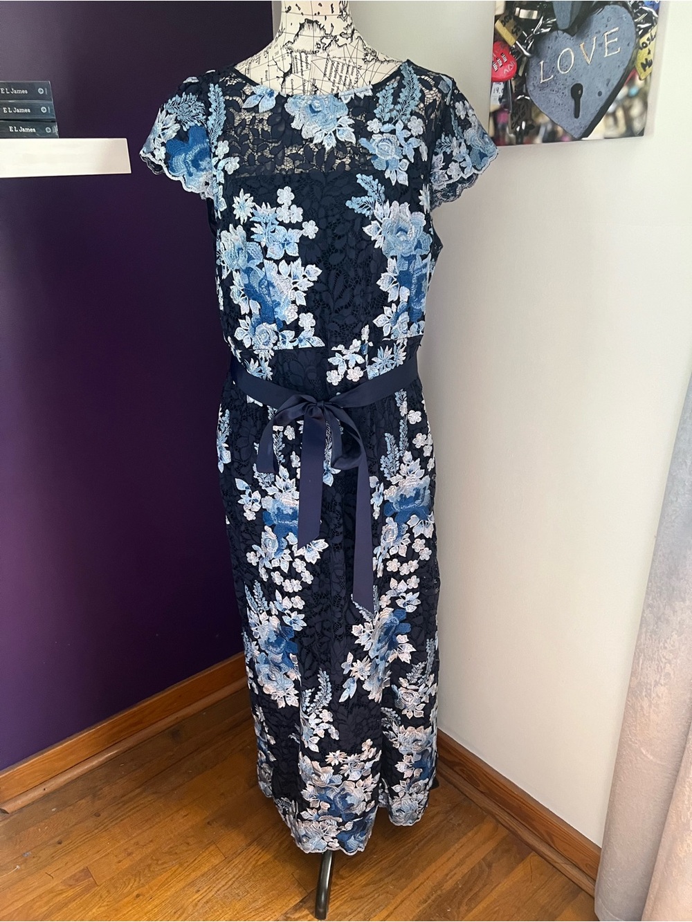 Adrianna Papell Navy Plus Size Maxi Gown with Blue Floral Embroidery